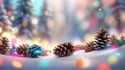 The primary subject of the image is a group of pine cones, which are the main objects in the scene. The setting is a snowy environment, with the pine cones scattered across the snow. The visual style of the image is digital art, as it appears to be a computer-generated or digitally rendered scene. The colors and mood of the image are predominantly white and cold, with the snow and pine cones creating a serene and wintry atmosphere.